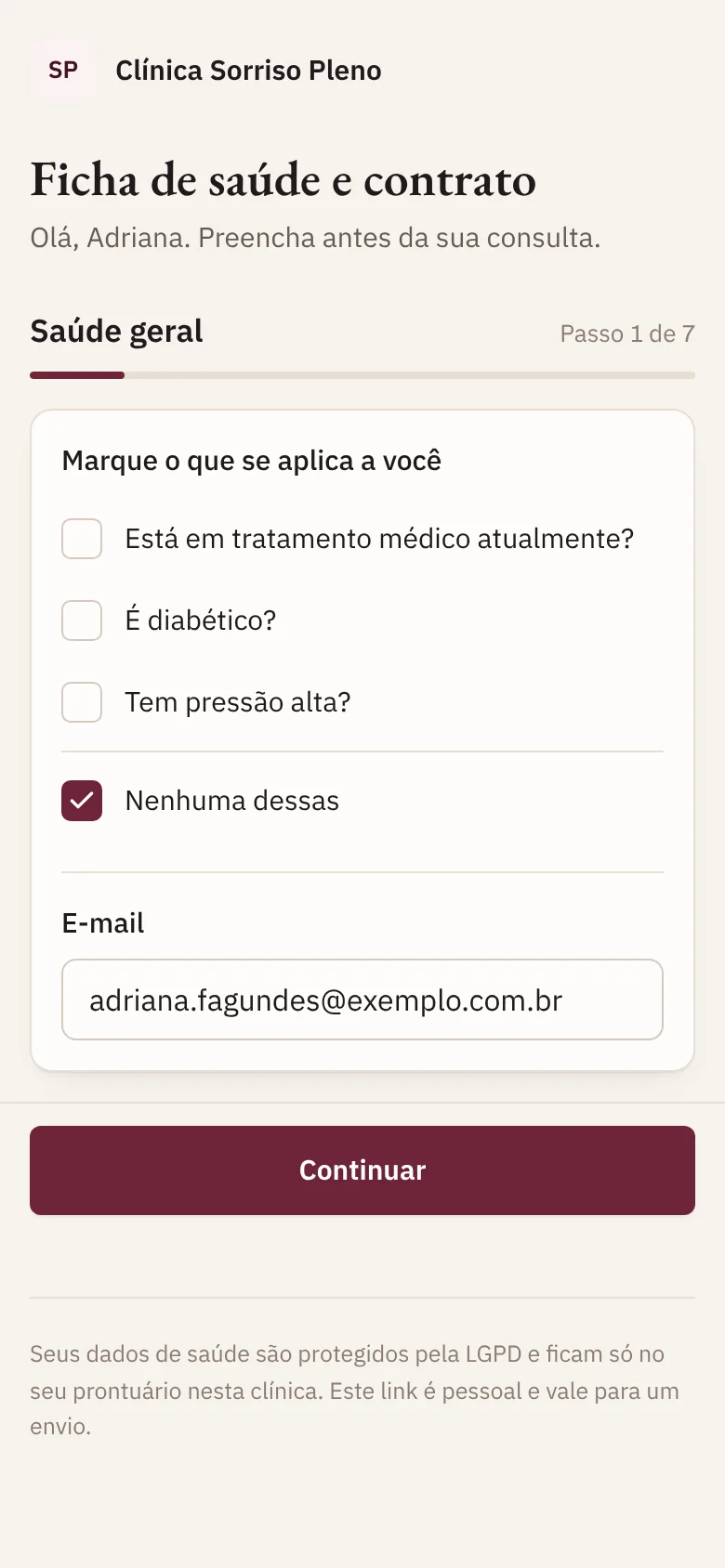 Ficha de saúde no celular, passo 1 de 7