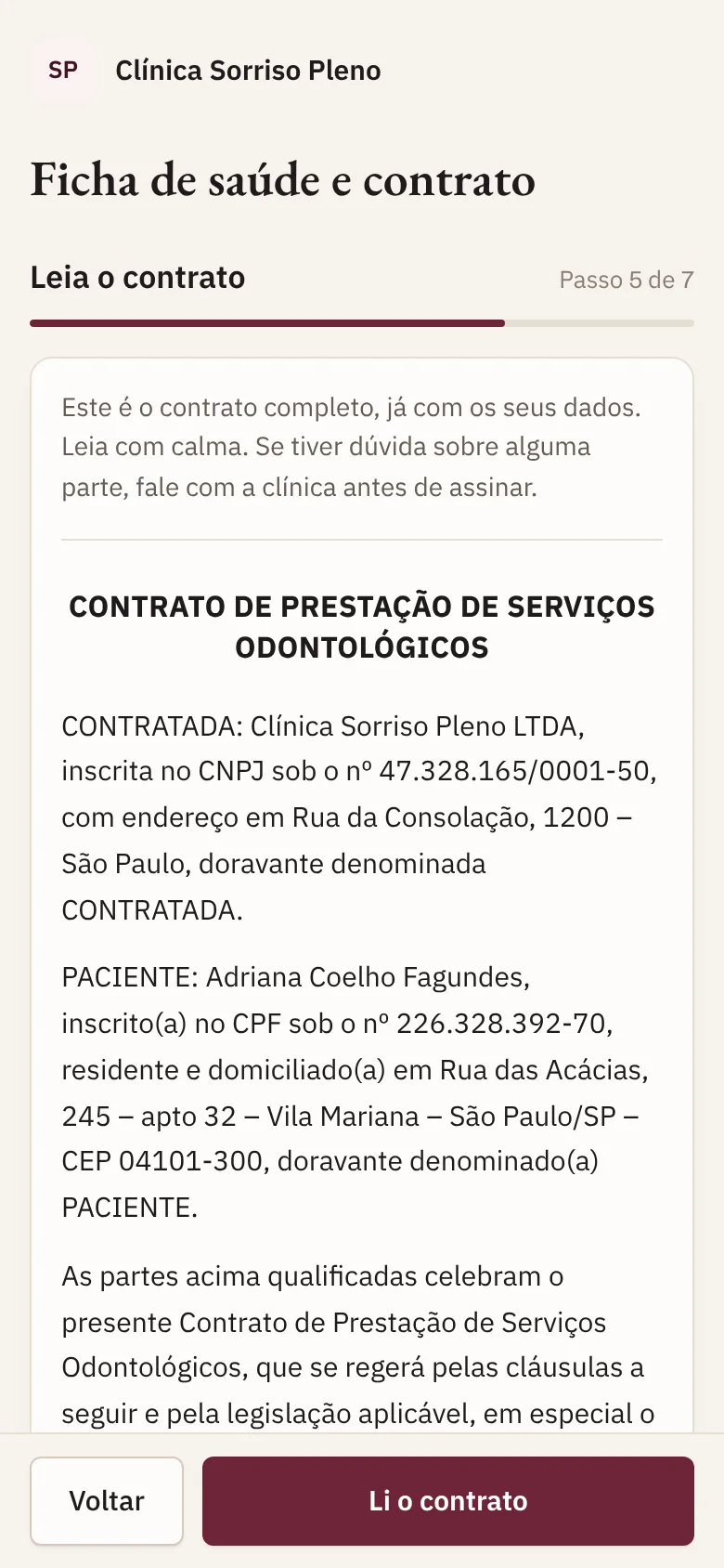 Contrato completo com os dados do paciente