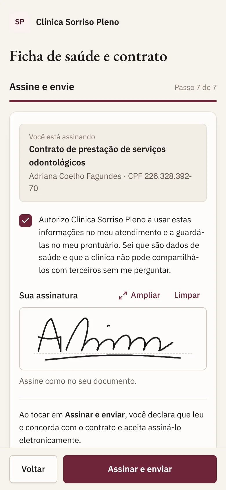 Assinatura desenhada com o dedo e botão Assinar e enviar