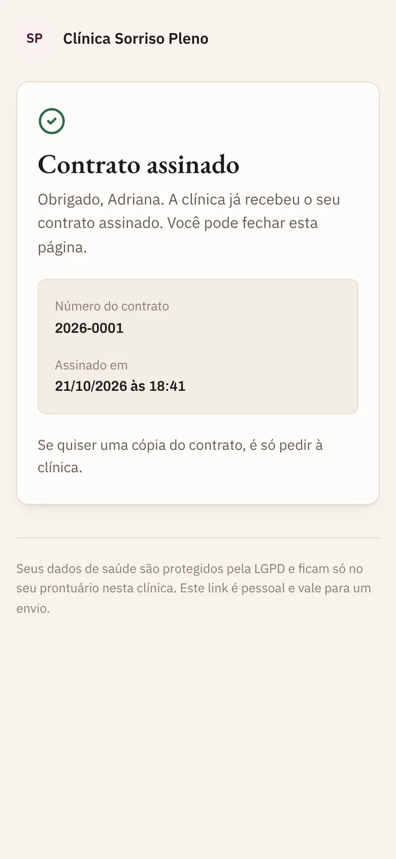 Tela final: contrato assinado com número e data