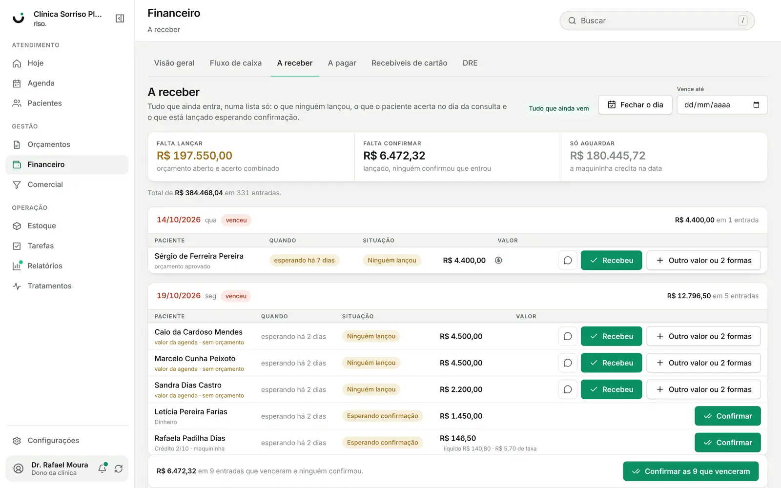 A receber: falta lançar, falta confirmar e só aguardar, com botão Recebeu
