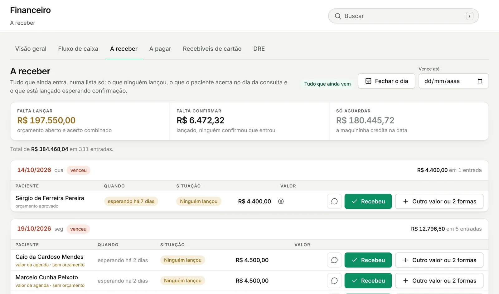 Lista do que falta receber, com botão Recebeu