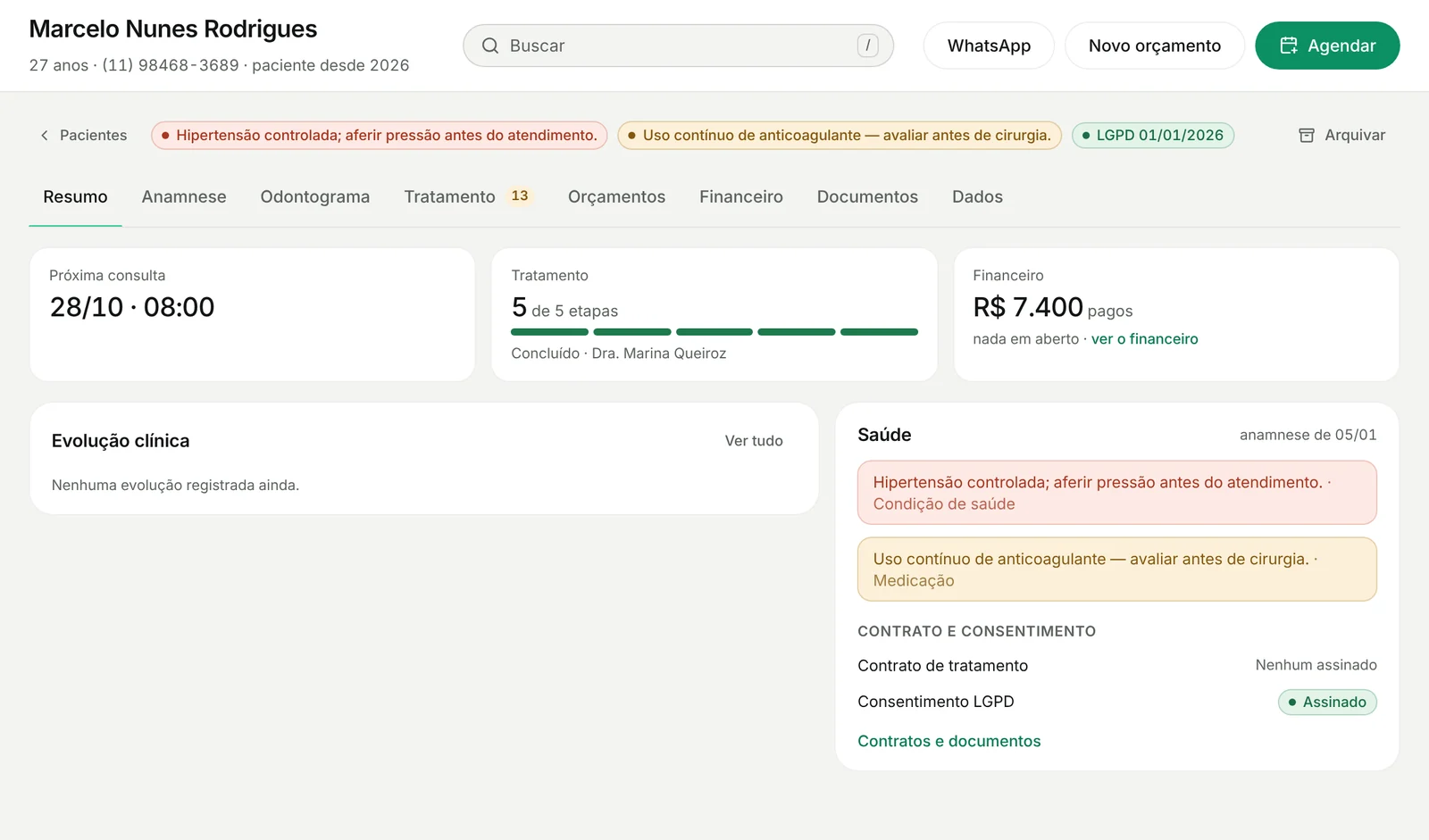Ficha do paciente com alertas clínicos, próxima consulta, tratamento e financeiro